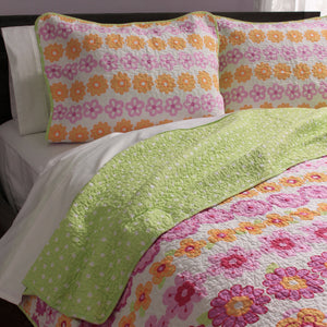 Pink Green Daisy Floral Girl Bedding Twin Full/Queen Cotton Quilt Set