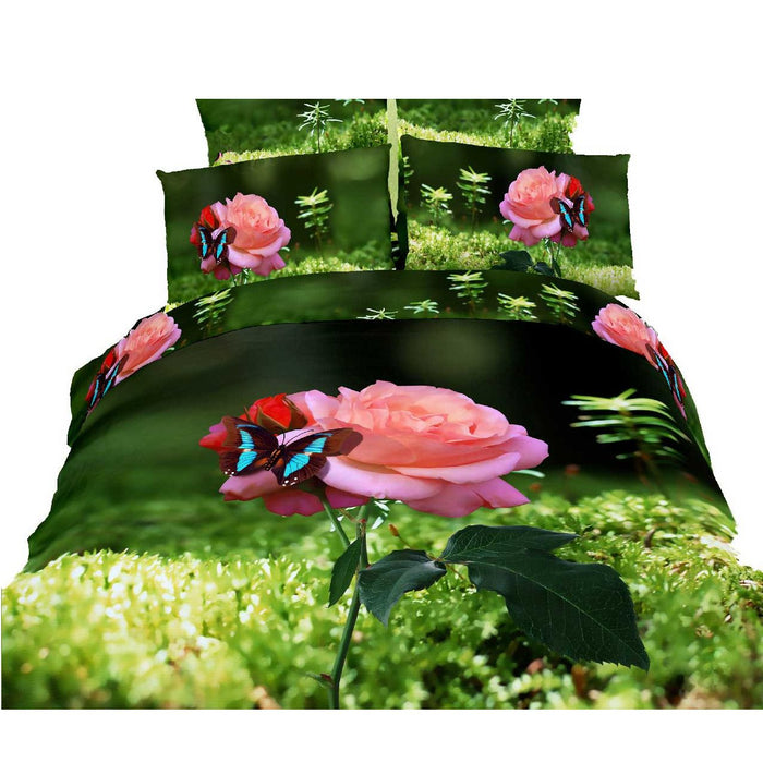 Luxury Photo Real Butterfly With Pink Rose King Duvet Cover Bedding Set Designer Ensemble