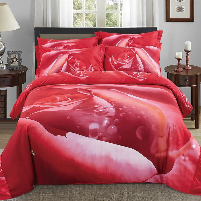 Luxury Cotton Red Rose Print Duvet Cover Queen Bedding Set Designer Ensemble