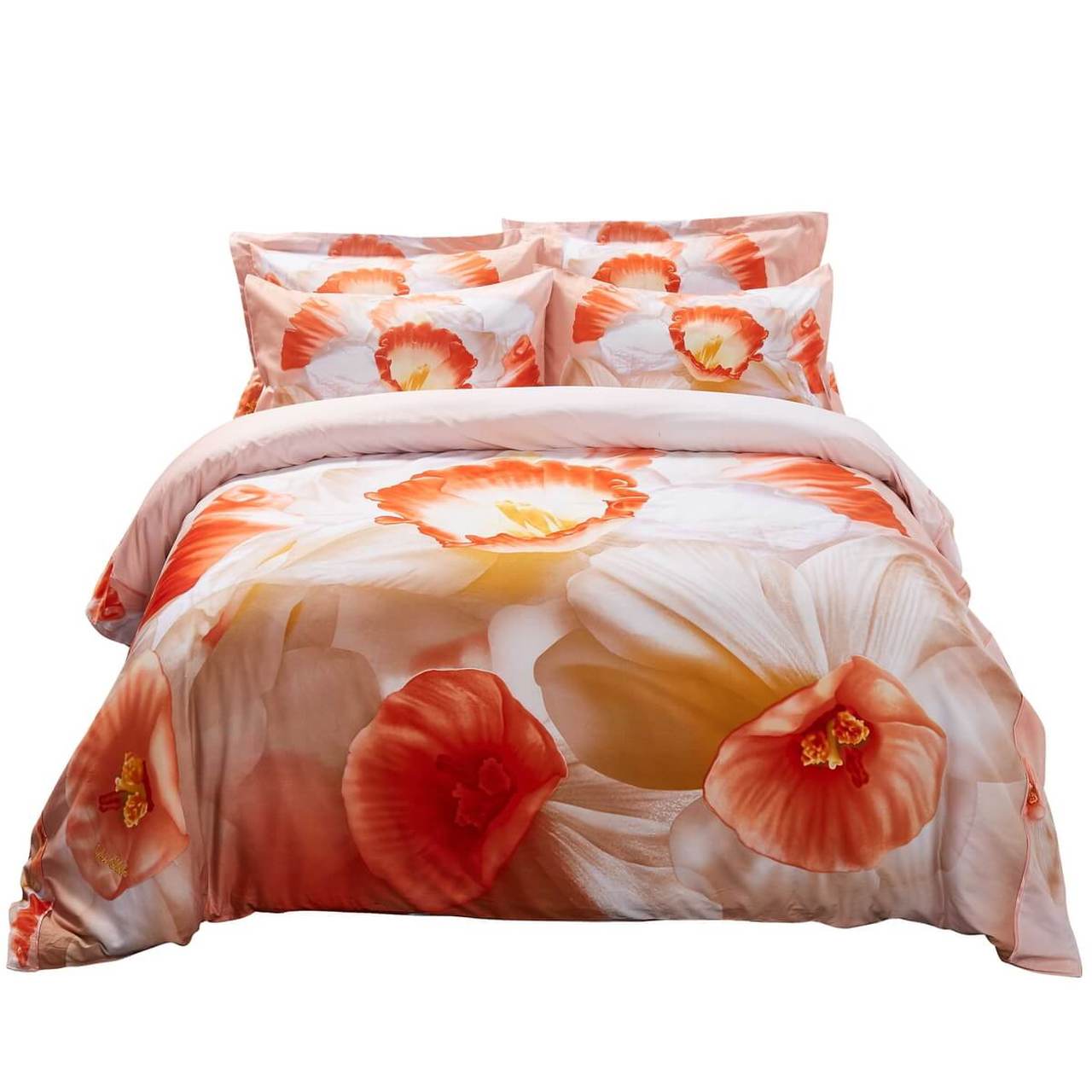 Luxury Cotton Floral White Orange Daffodils Duvet Cover Queen