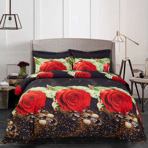 Red Rose Black Floral Duvet Cover Bedding Set Queen or King Designer Ensemble
