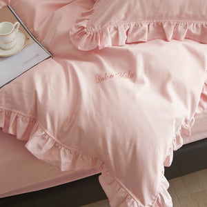 Luxury Cotton Pink Romantic Elegant Ruffle Edge Bedding Twin Queen King Duvet Cover Set Designer Ensemble