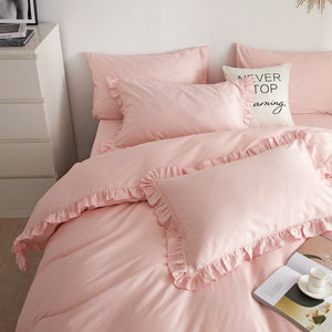 Luxury Cotton Pink Romantic Elegant Ruffle Edge Bedding Twin Queen King Duvet Cover Set Designer Ensemble