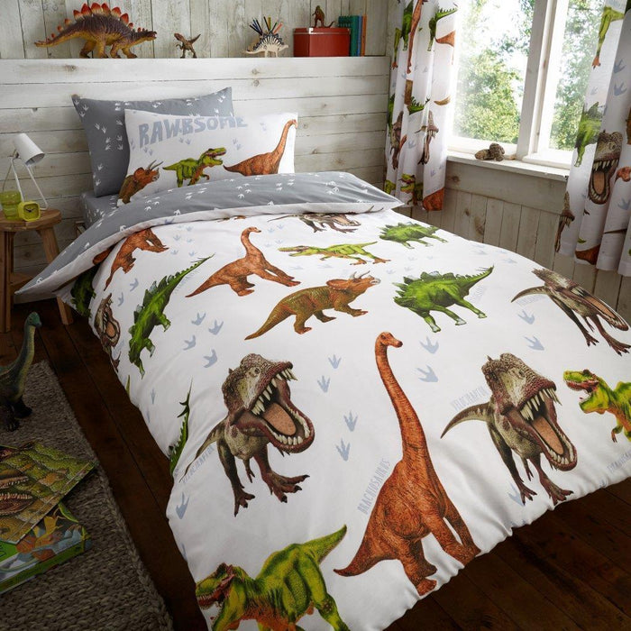 Parure de lit pour enfants Rawrsome Running Dinosaurs avec housse de couette double ou ensemble de literie avec insertion combinée, empreintes de pas blanches/grises