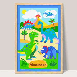 Dinosaur Land Personalized Kids Wall Art Print 12" x 18" T-Rex Brontosaur