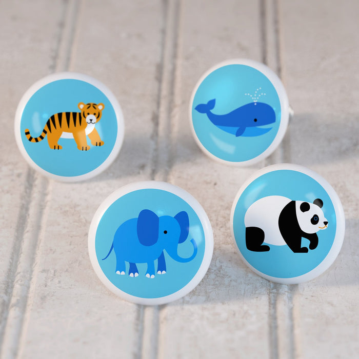 Endangered Animals 4pc Ceramic Kids Drawer Knob Set 1 1/2" - Tiger Whale Panda Elephant