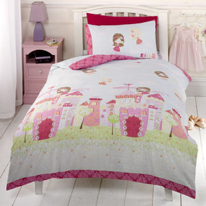 Princess Fairy Castle Girl Bedding Twin Pink Green Duvet Cover / Comforter Cover Set