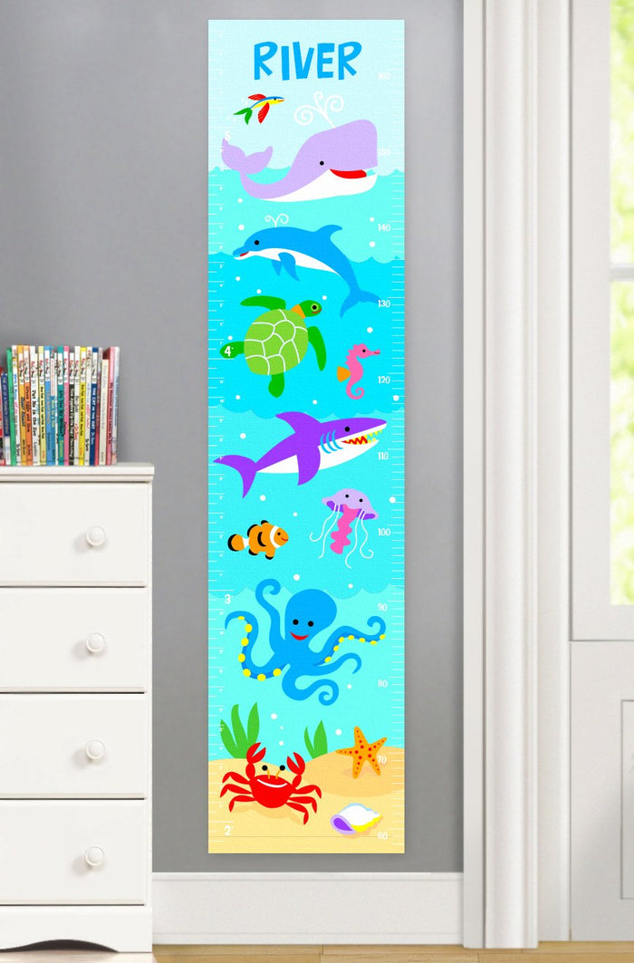 Ocean Sea Fish Personalized Kids Height Growth Chart - Whale Dolphin Shark Octopus