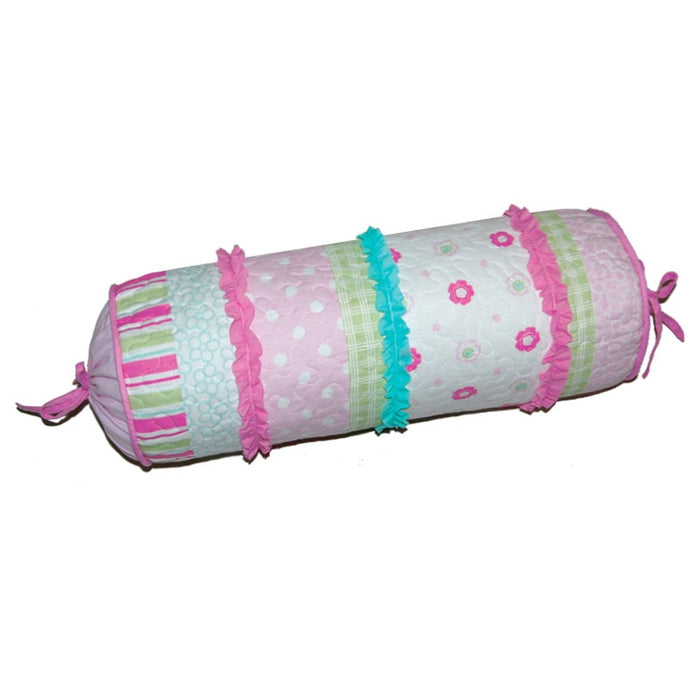 Pink Green Floral & Polka Dot Bolster Decorative Throw Pillow Cotton 16" x 6"