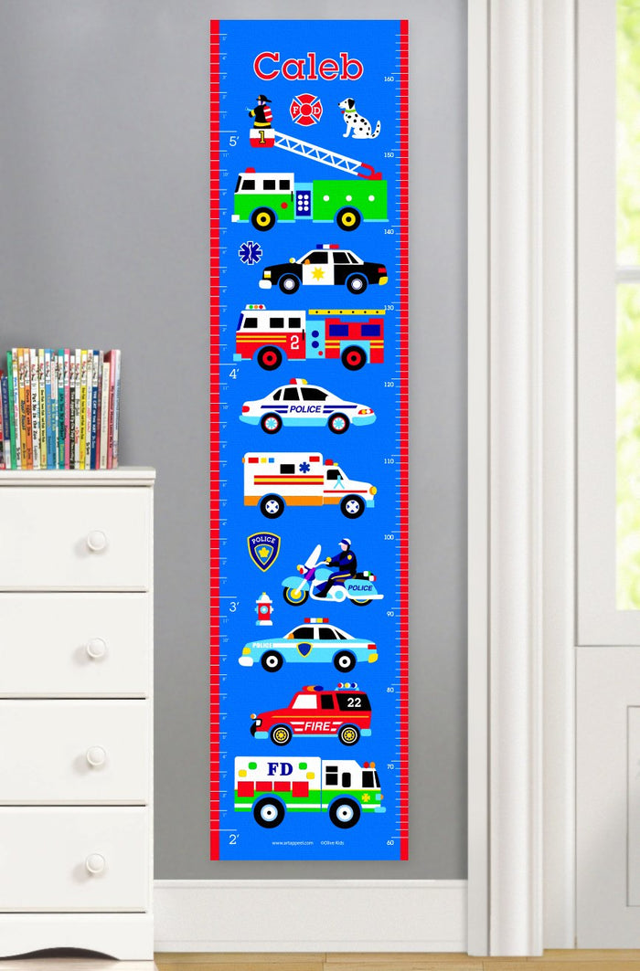 Fire Truck Police Car Ambulance Rescue Heroes Personalized Height Growth Chart Self-Adhesive or Canvas