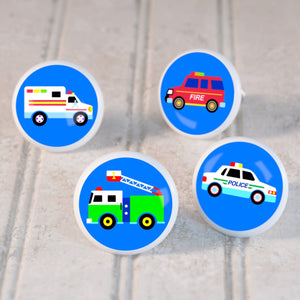 Rescue Heroes 4pc Ceramic Kids Drawer Knob Set 1 1/2" - Fire Truck Ambulance Police Car