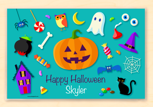 Happy Halloween Jack O' Lantern & Icons Teal Personalized Placemat 18" x 12" with Alphabet