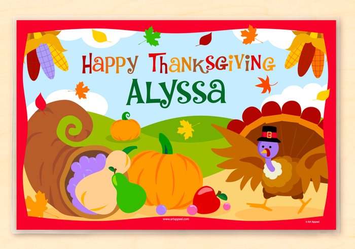Thanksgiving Harvest & Turkey Personalized Placemat 18" x 12" with Alphabet