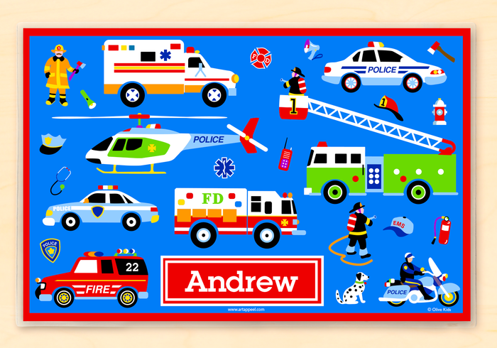 Rescue Heroes Police Fire Truck Ambulance Personalized Placemat 18" x 12" with Alphabet
