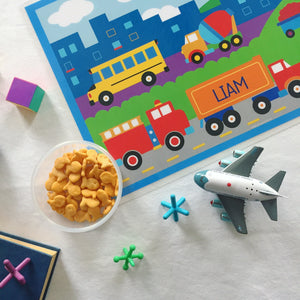 Trains Planes Trucks Kids Personalized Placemat 18" x 12" with Alphabet