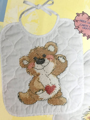 Little Suzy's Zoo Stamped Cross Stitch Kit or PDF Chart Pattern Instructions Keepsake Baby Bibs Witzy with Dandelion & Dancing Boof Bear 2-Pack