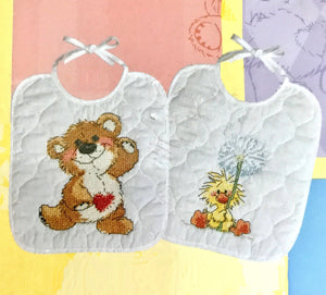Little Suzy's Zoo Stamped Cross Stitch Kit or PDF Chart Pattern Instructions Keepsake Baby Bibs Witzy with Dandelion & Dancing Boof Bear 2-Pack