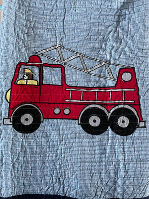 Fireman Red Fire Truck Ladder Twin Quilt Set Designer Embroidered Boy's Bedding Blue COTTON Bedspread