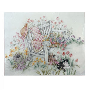 Vintage Cross Stitch Kit Serene Garden Bench with Flowers Basket Watering Can & Black / White Tuxedo Kitty Cat 15" x 12" by Donna Giampa - Janlynn