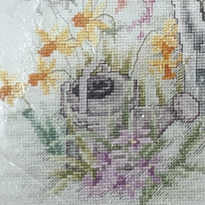 Vintage Cross Stitch Kit Serene Garden Bench with Flowers Basket Watering Can & Black / White Tuxedo Kitty Cat 15" x 12" by Donna Giampa - Janlynn