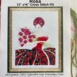 Rosa Elegant Fashion Woman with Red Roses Bouquet Counted Cross Stitch Kit 13" x 16"