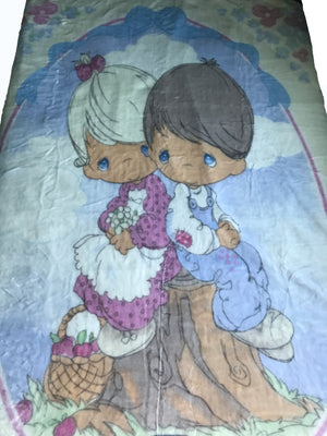 NEW Precious Moments Twin / Full Girl Yellow Blanket Luxury Royal Plush Raschel Throw 60" x 87" Bedspread Love One Another Children Boy & Girl Vintage 2004 Thick Velvet Minky