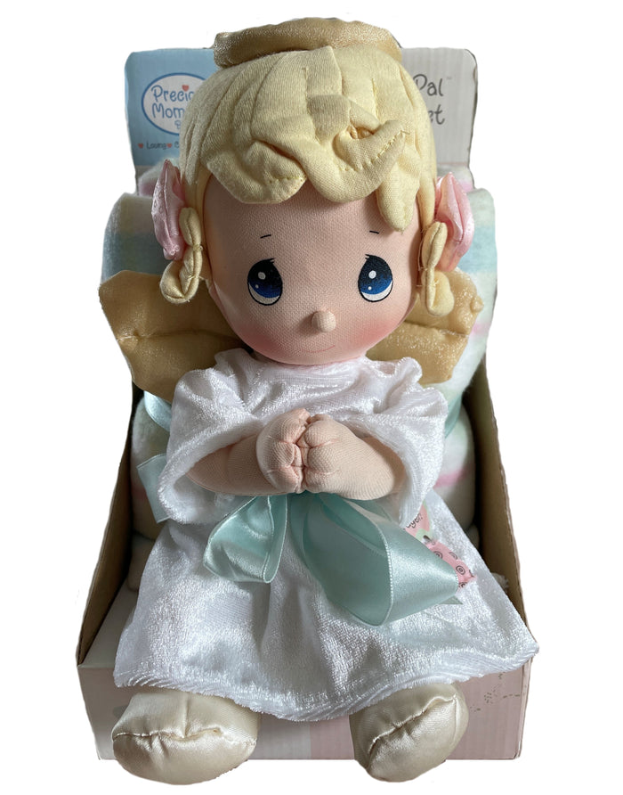Vintage Talking Precious Moments Baby Blanket & Girl Angel Plush Prayer Pal Doll Soft Rag Bedtime Praying Toy Baby Shower Gift Set