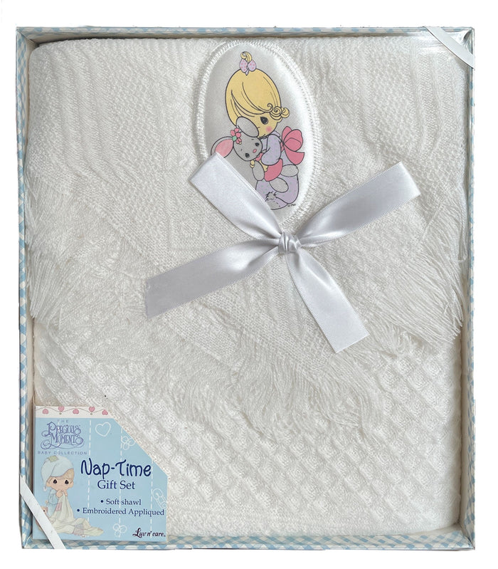 New Vintage Precious Moments White Baby Blanket with Girl & Bunny Applique Boxed Gift Shawl Afghan Crib Throw Nap-Time Baby Shower Gift Set 2002