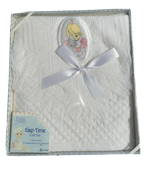 New Vintage Precious Moments White Baby Blanket with Girl & Bunny Applique Boxed Gift Shawl Afghan Crib Throw Nap-Time Baby Shower Gift Set 2002