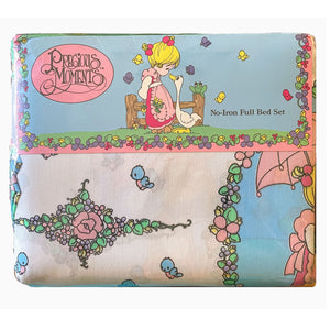 New Vintage Precious Moments Floral Full Size Bedding Sheet Set Girl with Goose Make a Joyful Noise RARE