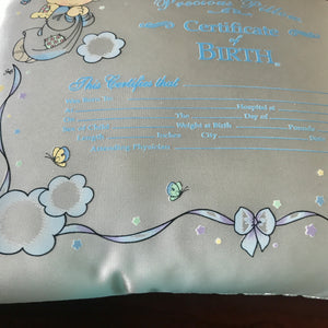 Vintage Precious Moments Luxury Satin Baby Keepsake Pillow Certificate of Birth 12" x 9" & Rattle Baby Shower 2pc Gift Set with Rattle Angel Girl & Boy