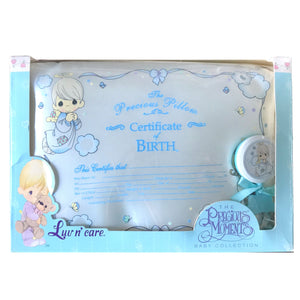 Vintage Precious Moments Luxury Satin Baby Keepsake Pillow Certificate of Birth 12" x 9" & Rattle Baby Shower 2pc Gift Set with Rattle Angel Girl & Boy