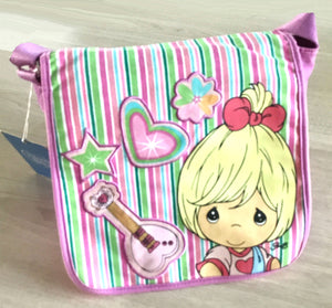 Vintage New Precious Moments Little Blonde Girl Child Messenger Shoulder Bag Pink Green Stripe Handbag 2008 Heart Star Guitar
