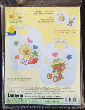Little Suzy's Zoo Stamped Cross Stitch Kit or PDF Pattern Chart Instructions Keepsake Baby Bibs Witzy Yellow Duck & Boof Brown Bear 2-Pack