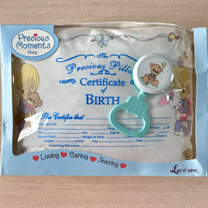 Precious Moments Baby Keepsake Birth Certificate Pillow 12" x 9" with Green Rattle Baby Shower 2pc Gift Set Vintage 2003