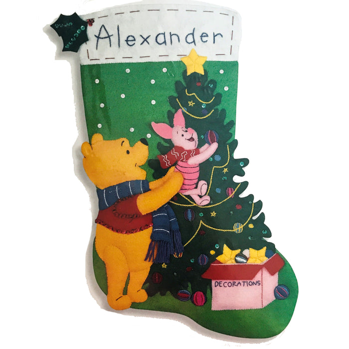 Disney Winnie The Pooh & Piglet Decorating Christmas Tree 18" Felt Stocking Kit with Sequins, Beads, Embroidery Vintage Rare Personalized DIY Craft