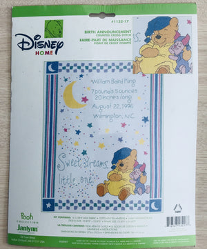 Vintage Disney Winnie The Pooh Bear & Piglet Sleeping Sweet Dreams Counted Cross Stitch Kit or PDF Pattern Chart Keepsake Baby Birth Announcement Record Sampler Keepsake Gift 11" x 14" 1132-17