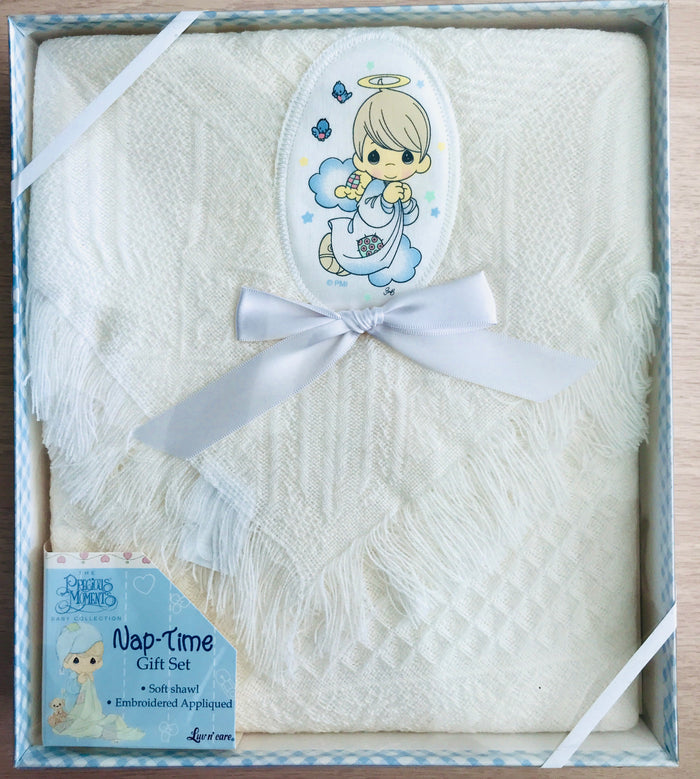 New Vintage Precious Moments White Baby Blanket with Angel Applique Boxed Gift Shawl Afghan Crib Throw Nap-Time Gift Set 2002