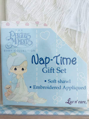 New Vintage Precious Moments White Baby Blanket with Angel Applique Boxed Gift Shawl Afghan Crib Throw Nap-Time Gift Set 2002