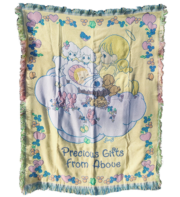 Couverture de berceau pour bébé en jacquard tissé triple vintage Precious Moments Precious Gifts From Above Praying Angel &amp; Baby 47" X 60" &amp; Coussin souvenir 1999