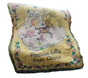 Vintage New Precious Moments Precious Gifts From Above Praying Angel & Baby Triple Woven Jacquard Baby Crib Blanket Throw 47" X 60" & Keepsake Pillow 1999