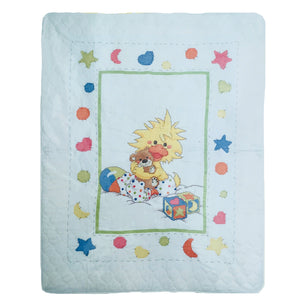 Little Suzy's Zoo Yellow Duck with Bear Toy Stamped Cross Stitch Baby Quilt Blanket Kit or PDF Pattern Instruction Chart Witzy Duckling with Teddy Bear Keepsake Gift 34" x 43" Stars Moons Hearts