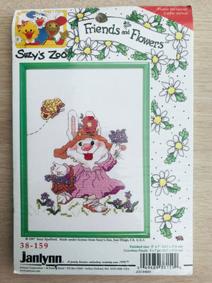 Suzy's Zoo Counted Cross Stitch Kit with Frame or PDF Pattern Instructions Friends & Flowers Violet The Bunny Rabbit with Bonnet Hat Easter Spring Butterfly Floral Janlynn Vintage 1997