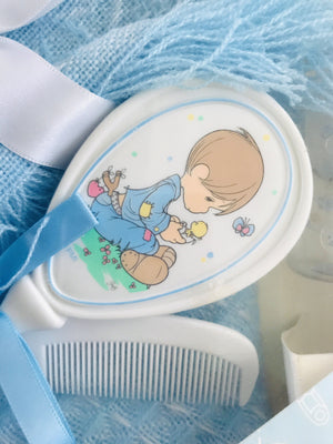 New Vintage Precious Moments Blue Baby Blanket 4pc Baby Shower Boxed Gift Set - Boy with Bear Shawl Afghan Crib Throw Bottle Comb Brush 2002