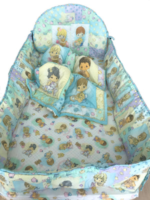 Vintage 5 PC Precious Moments Baby Crib Bedding Set PRECIOUS BABIES With Hearts Toys & Animals Nursery Collection Light Blue Boy Girl Unisex with Musical Mobile