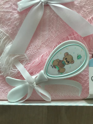 New Vintage Precious Moments Pink Baby Blanket 4pc Baby Shower Boxed Gift Set Girl with Bunny Shawl Afghan Crib Throw Bottle Comb Brush 2003