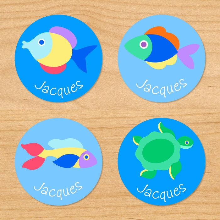 Ocean Fish & Turtle Personalized Round Waterproof Labels 24 CT