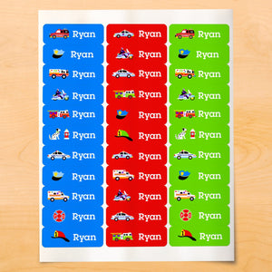 Rescue Heroes Fire Trucks Police Personalized 33 CT Rectangle Waterproof Labels