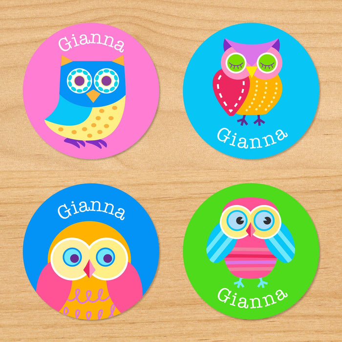 Owls Personalized Round Waterproof Labels 24 CT