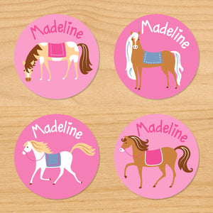 Horses Pink Personalized Round Waterproof Labels 24 CT